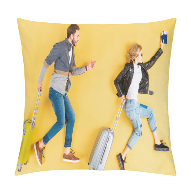 Personality  Stylish Couple With Suitcases And Tickets Running On Yellow Background Pillow Covers