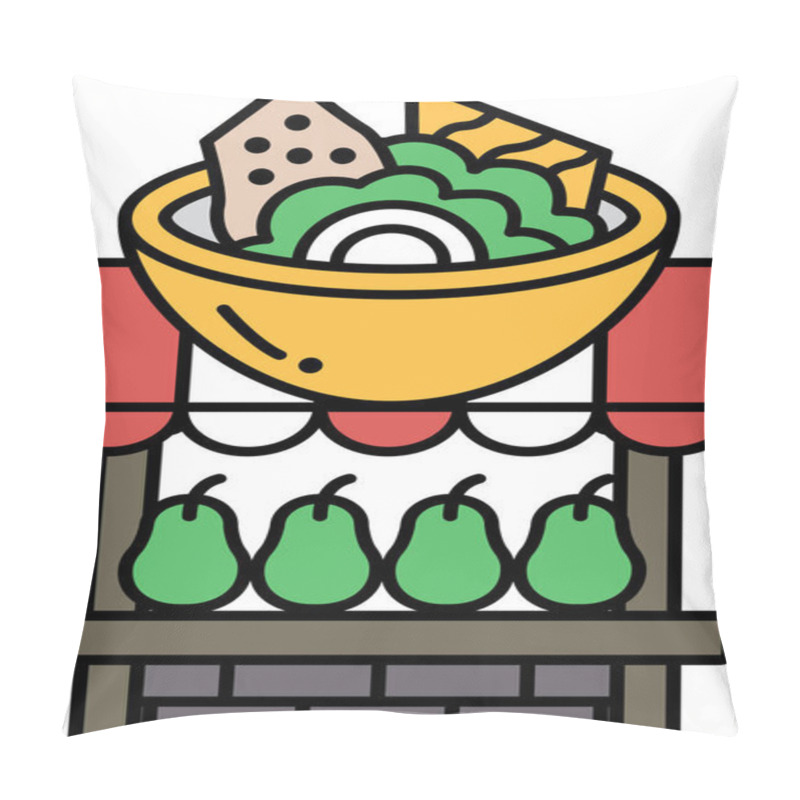 Personality  A Cartoon Drawing Of A Fruit Stand With A Bowl Of Food On Top Of It. The Bowl Is Filled With Various Fruits, Including Pears, And A Salad. The Image Has A Playful And Lighthearted Mood Pillow Covers