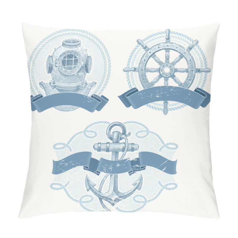 Personality  Nautical Vector Emblems With Hand Drawn Elements Pillow Covers