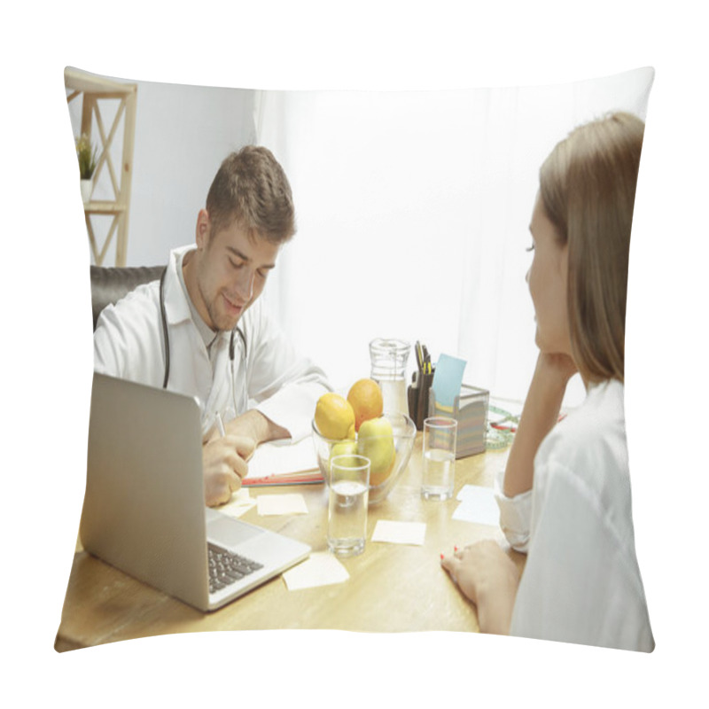 Personality  Smiling Nutritionist Showing A Healthy Diet Plan To Patient Pillow Covers