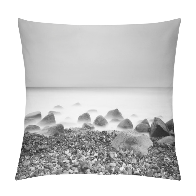 Personality  Romantic Atmosphere In Peaceful Morning At Sea. Big Boulders Sticking Out From Smooth Wavy Sea. Pink Horizon Pillow Covers