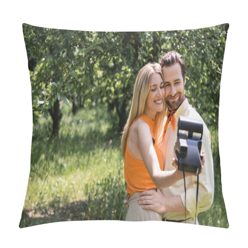 Personality  Smiling And Trendy Couple Taking Photo On Retro Camera In Summer Park  Pillow Covers