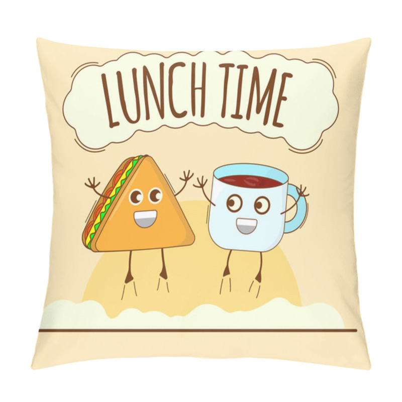 Personality  Lunch Time Banner, Tea And Sandwich Icon. Cute Character, Concept Label. Cartoon Vector Illustration Pillow Covers