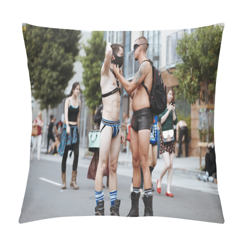 Personality  Unidentified People At The Annual Gay Festival Folsom Street Fair In San Francisco, Everyone Is Happy, Having Fun, And Wear Carnival Clothing Pillow Covers