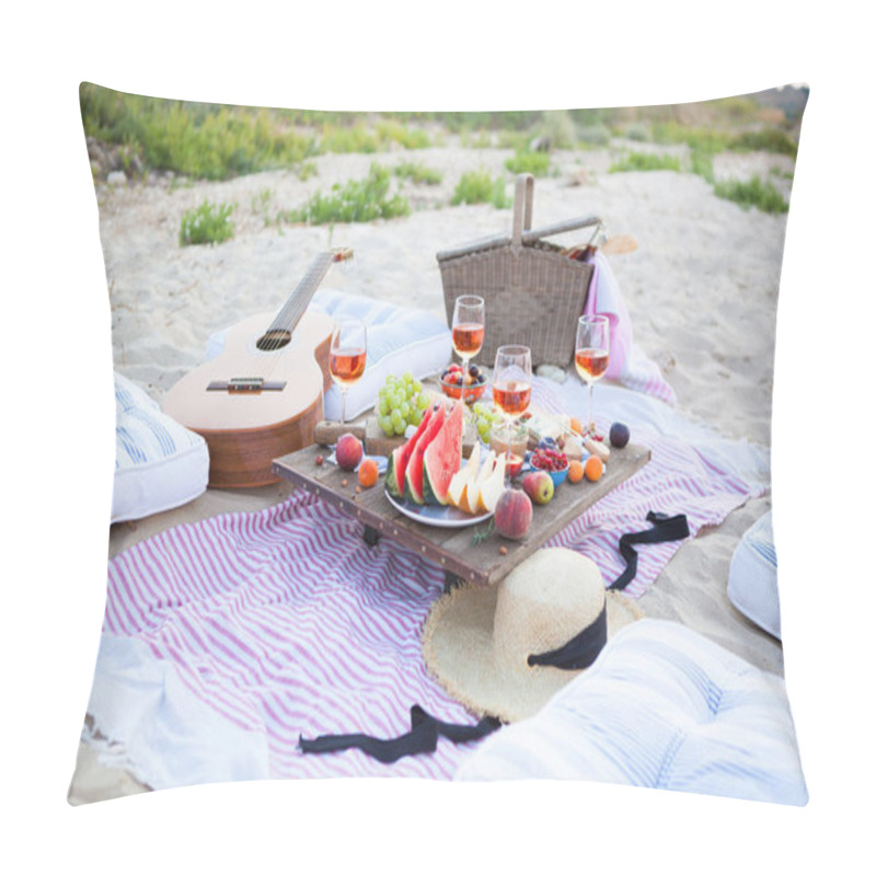 Personality  Picnic On The Beach At Sunset In The Style Of Boho, Food And Dri Pillow Covers