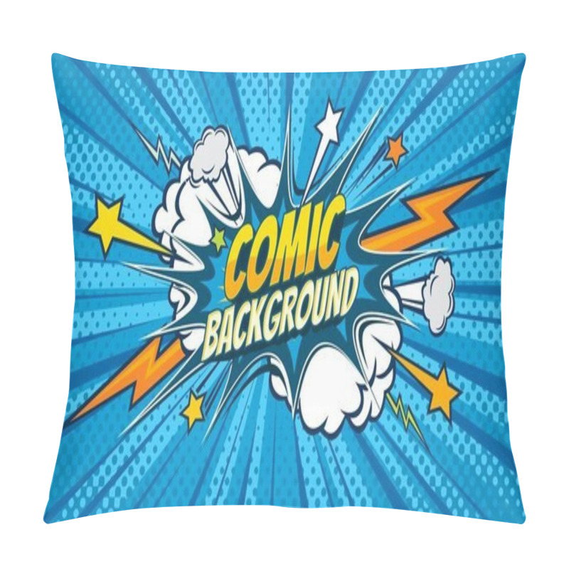 Personality  Blue Comic Pop Art Background With Thunderbolt Lightnings And Comics Bubbles. Vector Halftone Pattern Backdrop With Cartoon Comic Book Burst Clouds, Boom Stars And Explosion Lightning Strikes Pillow Covers