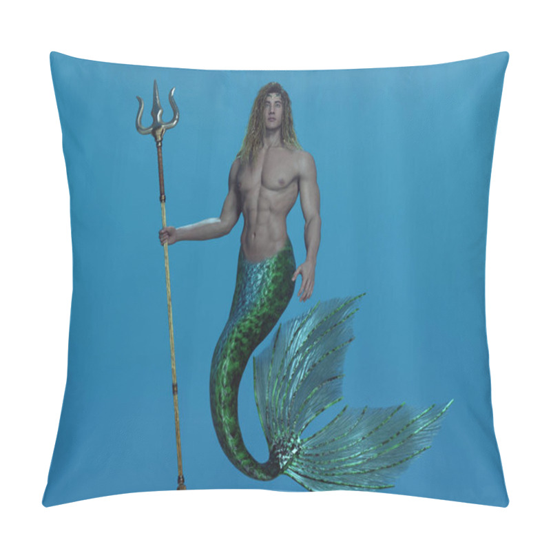 Personality  3D Render: A Fantasy Merman Creature Character Is Under The Deep Blue Sea, Poseidon God Of The Sea Character Design Concept Pillow Covers