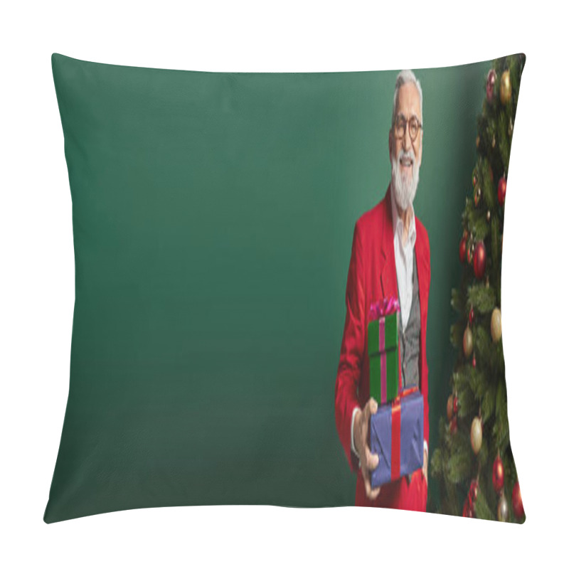 Personality  Jolly Classy Santa With Glasses Holding Pile Of Gifts Next To Decorated Tree, Winter Concept, Banner Pillow Covers