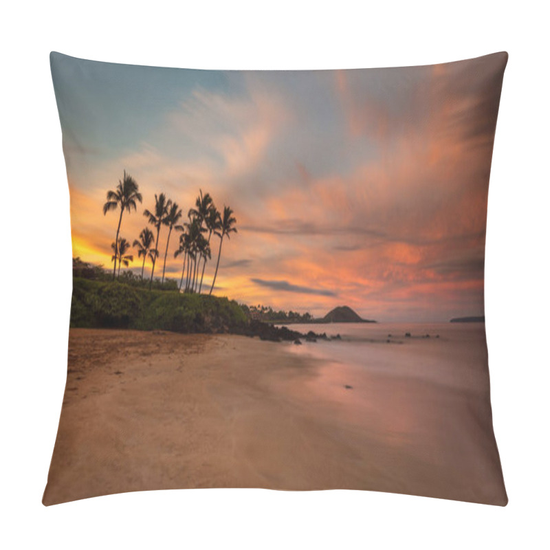 Personality  Beautiful Sunrise From A South Maui Beach, Idyllic Hawaiian Scene With Palm Trees, Colorful Sky And Waves Gently Breaking On The Beach. Pillow Covers