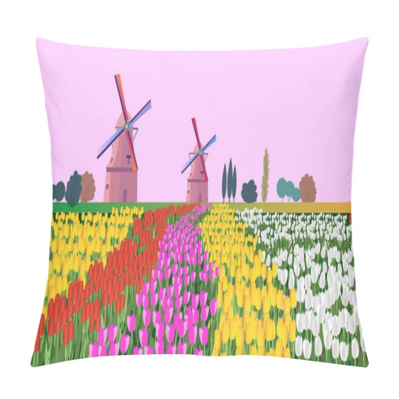 Personality  Vector Illustration Of A Landscape With Dutch Tulips And Windmills. For Design Posters And Greetings. Pillow Covers