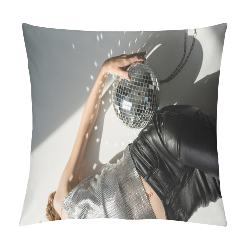 Personality  Top View Of Cropped Woman In Stylish Outfit Lying Near Shiny Disco Ball On Grey  Pillow Covers