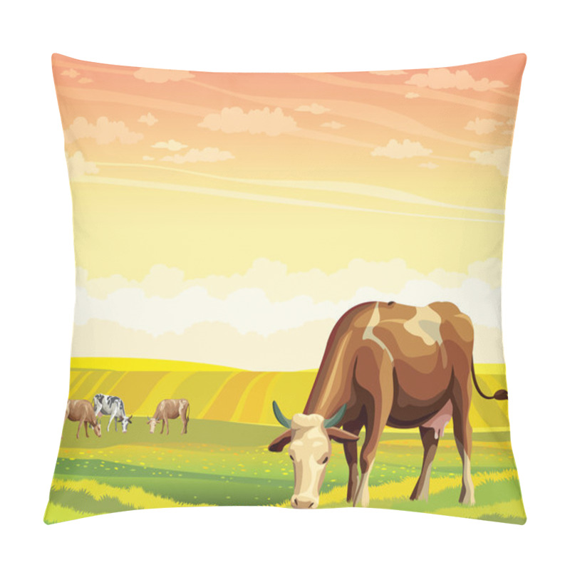 Personality  Cow And Green Meadow. Rural Landscape. Pillow Covers