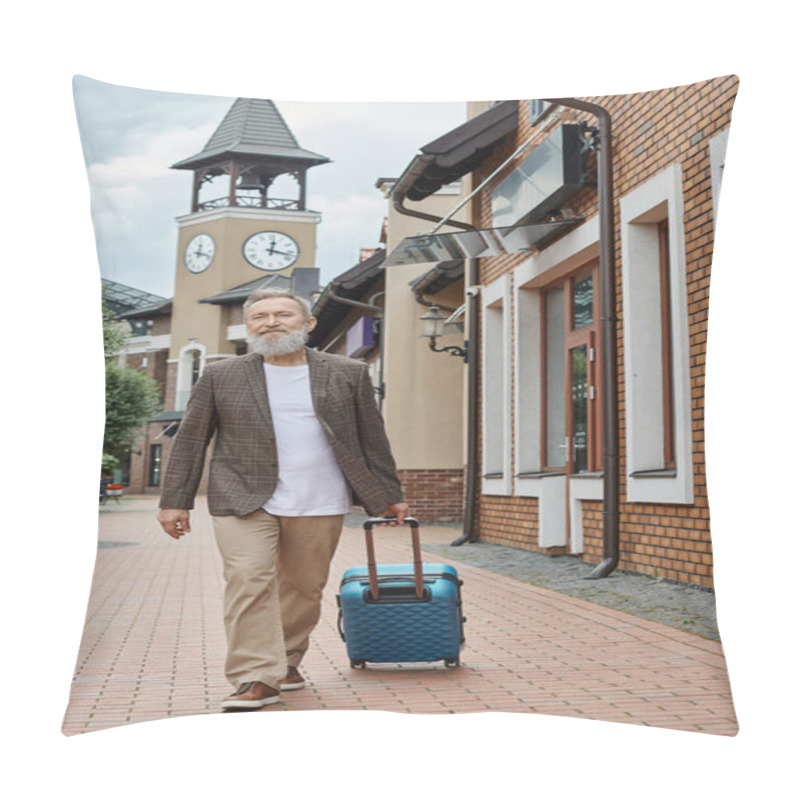 Personality  Bearded Senior Man Walking With Luggage On Urban Street, City Lifestyle, Travel, Stylish Elderly Pillow Covers