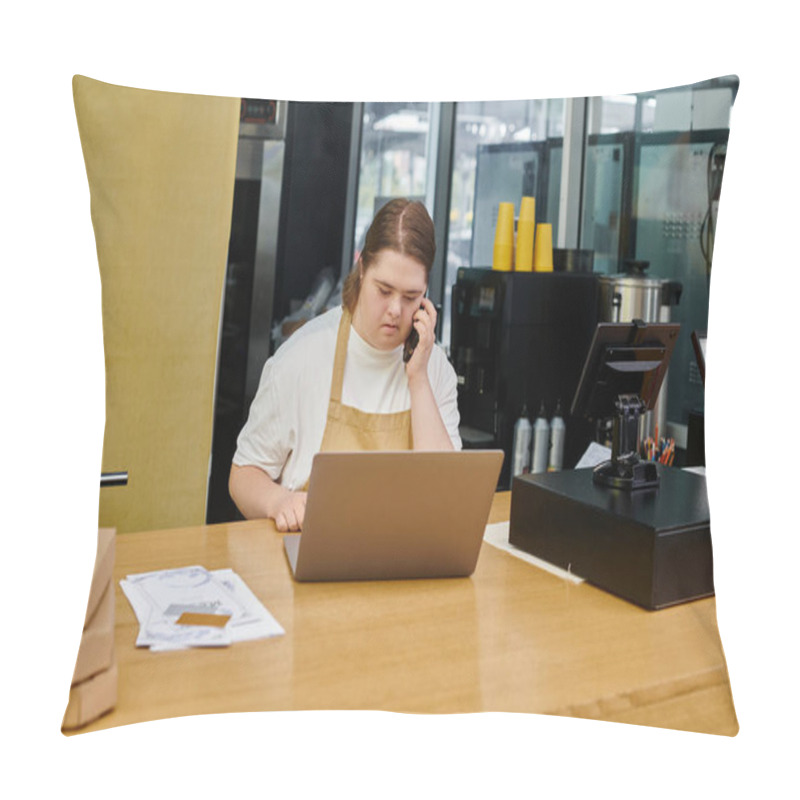 Personality  Young Woman With Down Syndrome Talking On Smartphone Near Laptop While Working In Modern Cafe Pillow Covers