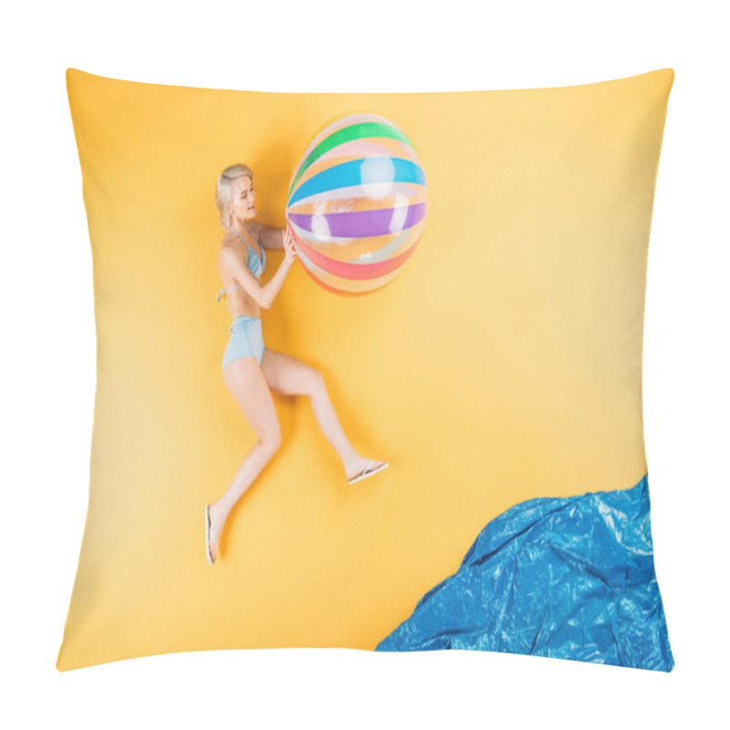 Personality  Beautiful Young Woman In Swimsuit And Flip Flops Holding Inflatable Ball On Imagine Beach Pillow Covers