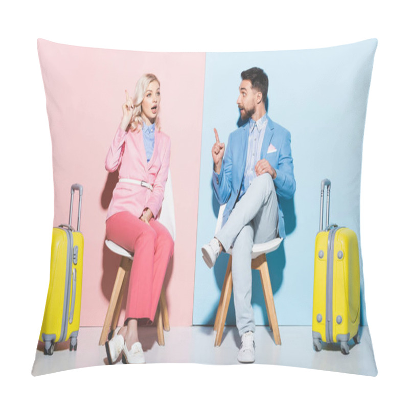 Personality  Shocked Woman And Handsome Man Showing Idea Gesture On Pink And Blue Background  Pillow Covers