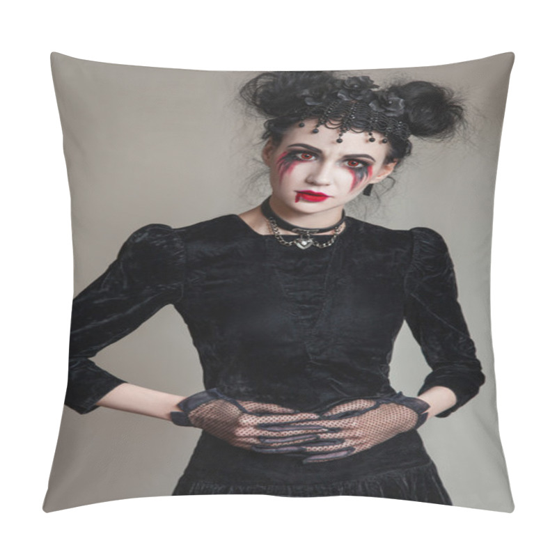 Personality  Young Beautiful Gothic Woman With White Skin And Red Lips. Halloween Makeup. Pillow Covers