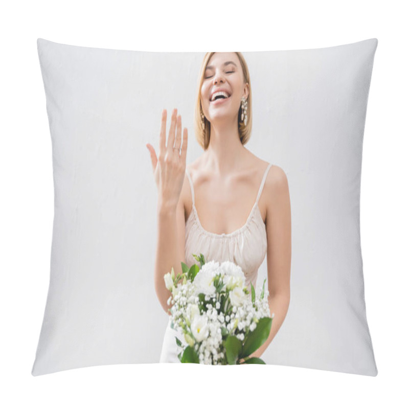 Personality  Special Occasion, Gorgeous Blonde Bride In Wedding Dress Holding Bouquet And Showing Engagement Ring, White Flowers, Bridal Accessories, Happiness, Grey Background  Pillow Covers