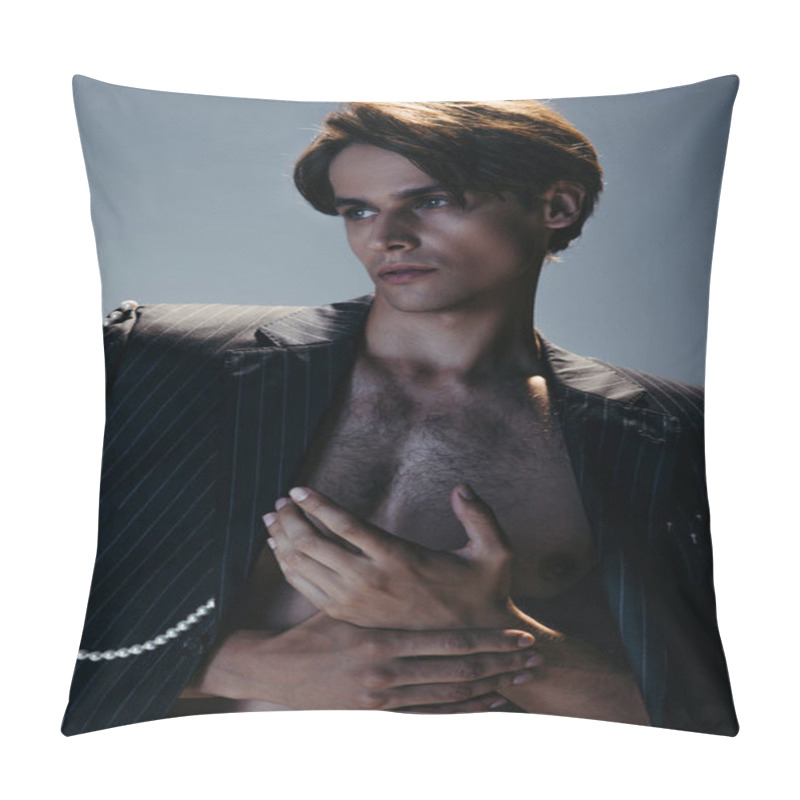 Personality  Stylish Man In Trendy Suit With Pearl Chain Looking Away On Dark Gray  Pillow Covers