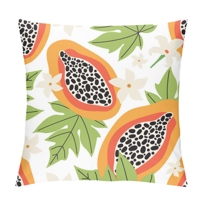 Personality  Exotic Summer Seamless Pattern. Orange Papaya On A White Background. Tropical Sweet Fruit Cut Into Slices, Flowers, Leaves, Pulp, Seeds. Hand Drawn Vector Background Colorful Doodle Jungle Fruits. Pillow Covers