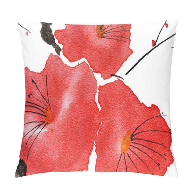 Personality  A Branch Of A Blossoming Tree. Pink And Red Stylized Flowers Of Plum Mei, Wild Apricots And Sakura . Watercolor And Ink Illustration In Style Sumi-e, U-sin. Oriental Traditional Painting.   Pillow Covers