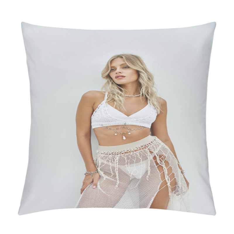 Personality  A Young Woman Poses In A Stylish White Crochet Bikini Top And Skirt Against A White Background. Pillow Covers