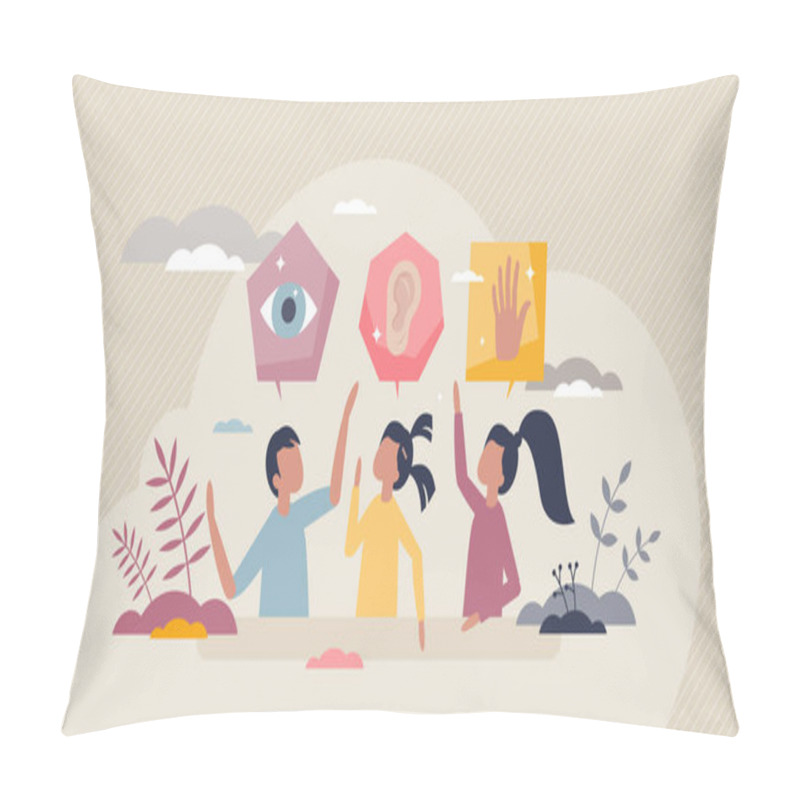 Personality  Learning Styles With Visual, Writing, Reading, Kinesthetic And Auditory Methods Tiny Person Concept. Effective Kids Learning With Personalized Technique For Information Absorption Vector Illustration. Pillow Covers