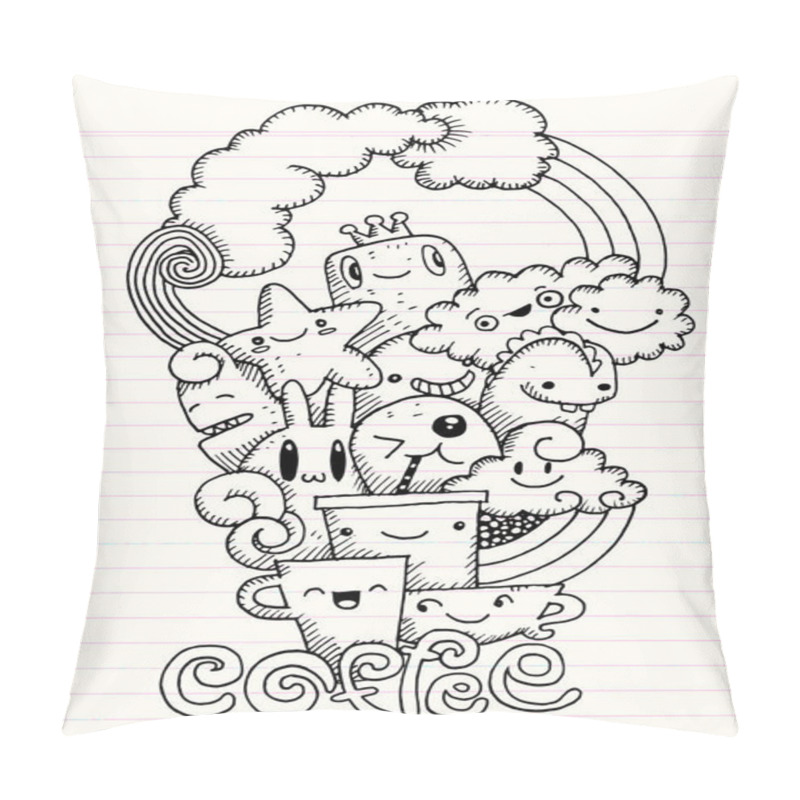 Personality  Hand Drawn Coffee ,cartoon Monster And Coffee Cup ,Doodle,Vector Pillow Covers