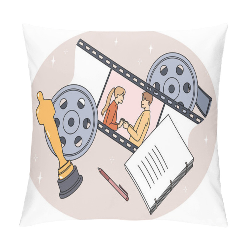 Personality  Movie Characters Man And Woman In Romantic Screenplay. Love Story In Cinema. Film Script, Strip And Oscar Award For Best Cinematography. Entertainment Concept. Vector Illustration. Pillow Covers