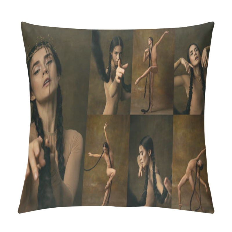 Personality  Collage Of Portrait Of Beautiful Woman, Ballerina Dancing And Posing Isolated Over Vintage Backgound Pillow Covers