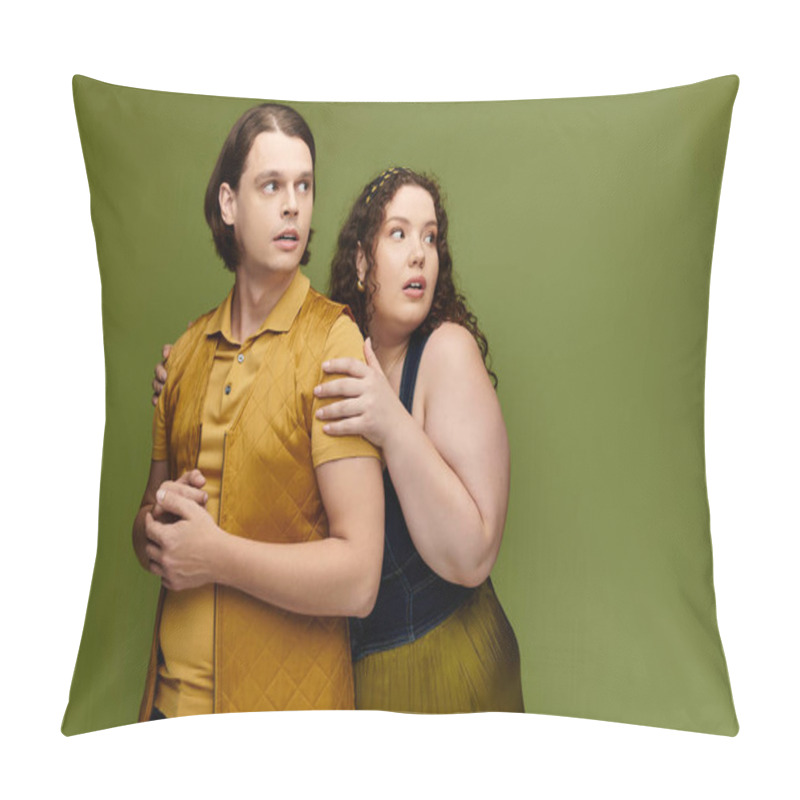 Personality  A Young Woman Expresses Surprise While Standing Close To Her Male Friend In A Lively Atmosphere. Pillow Covers