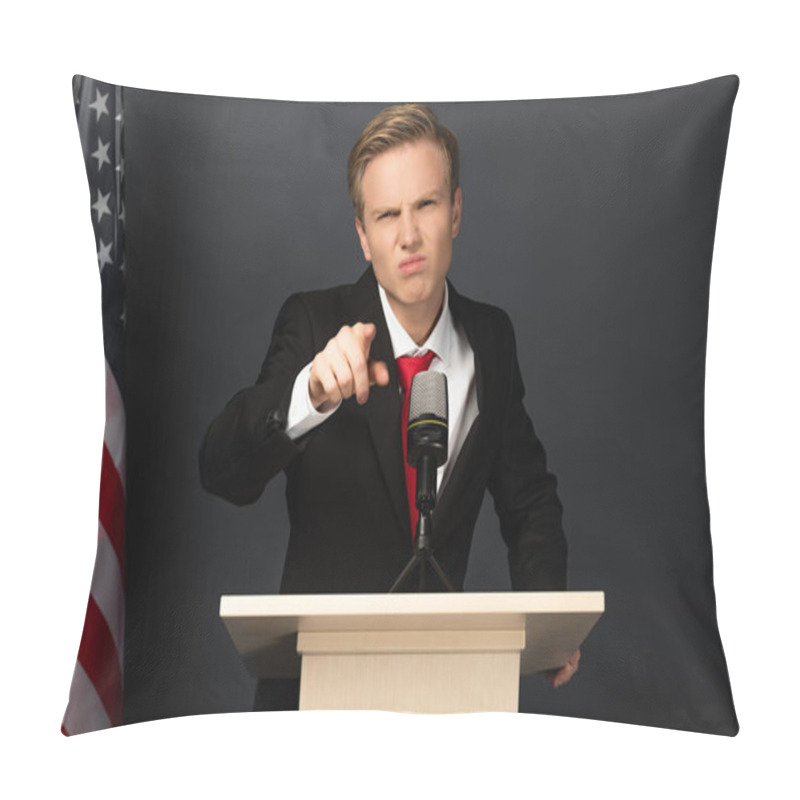 Personality  Emotional Man Pointing With Finger On Tribune With American Flag On Black Background Pillow Covers