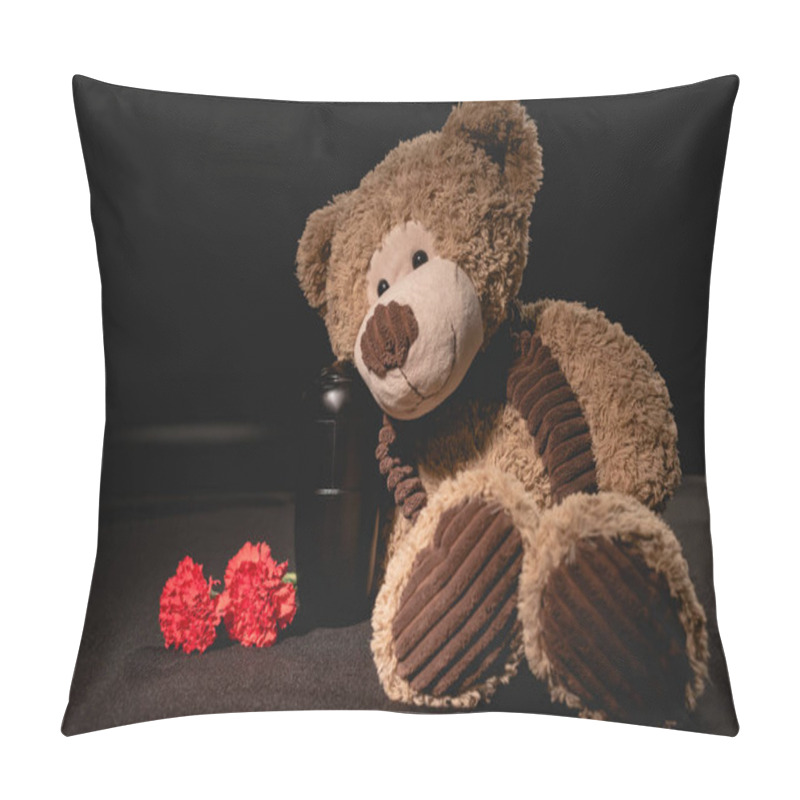 Personality  Carnation, Teddy Bear And Urn With Ashes On Black Background, Funeral Concept Pillow Covers