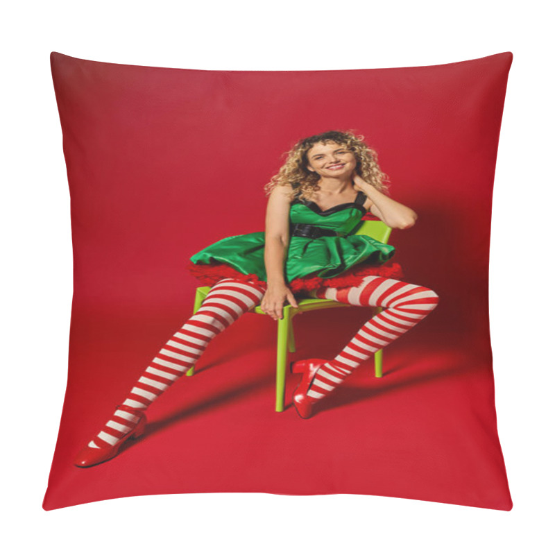 Personality  Happy Curly New Year Elf In Green Festive Dress Sitting On Yellow Chair Posing On Red Backdrop Pillow Covers