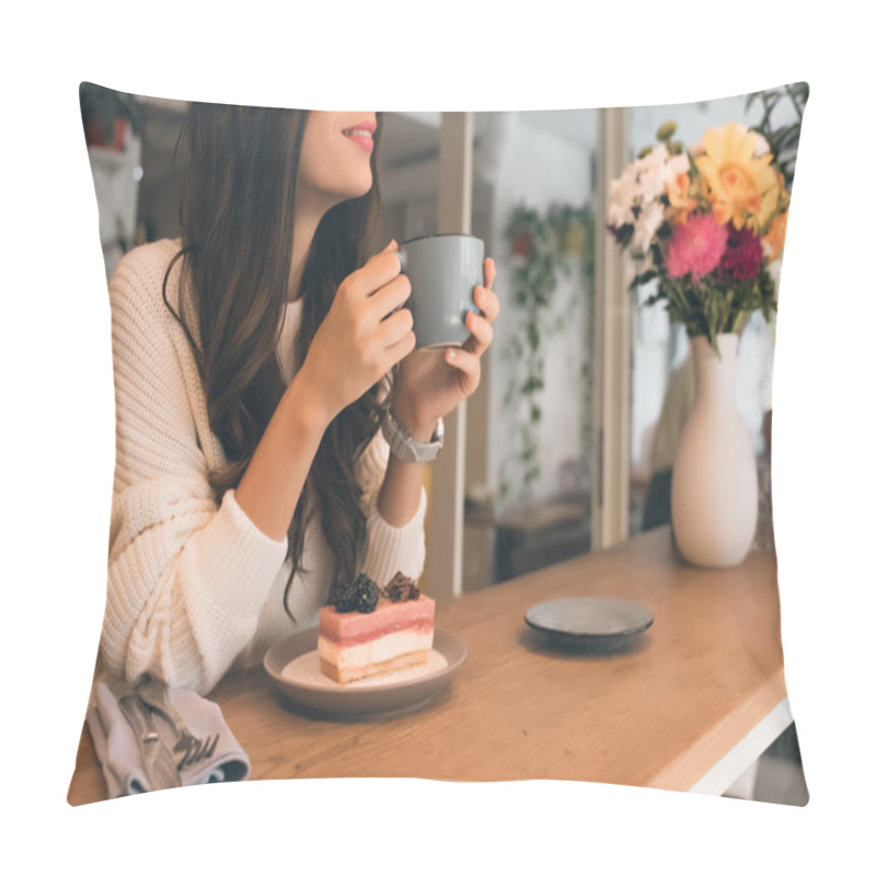 Personality  Cropped Image Of Woman With Coffee Cup Sitting At Table With Cake In Cafe Pillow Covers