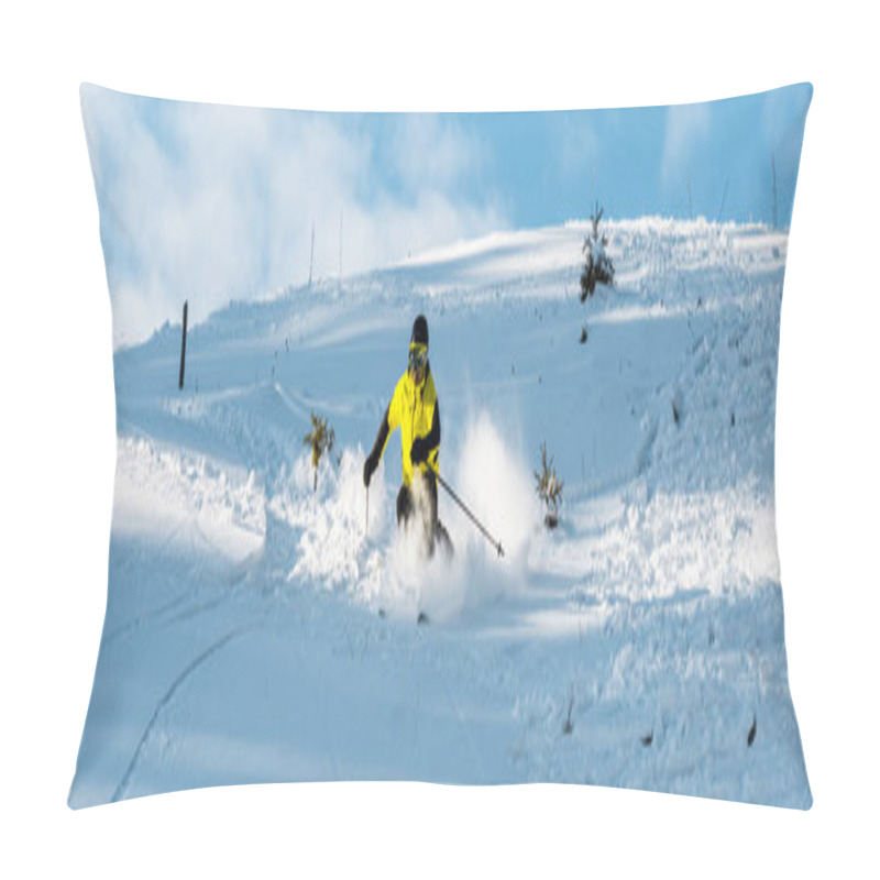 Personality  Panoramic Shot Of Skier In Helmet Holding Ski Sticks While Skiing On Slope Outside  Pillow Covers