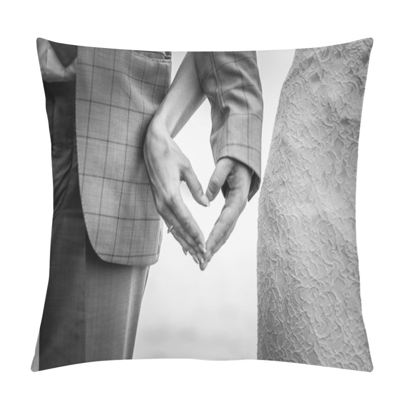 Personality  Hands In The Shape Of A Heart On The Background Of The Sea  Male And Female Hands With Rings Pillow Covers