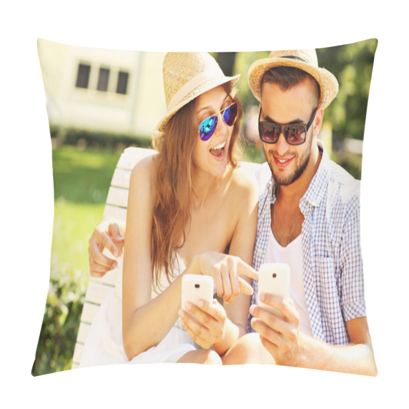 Personality  Happy Couple Sitting On A Bench With Smartphones Pillow Covers