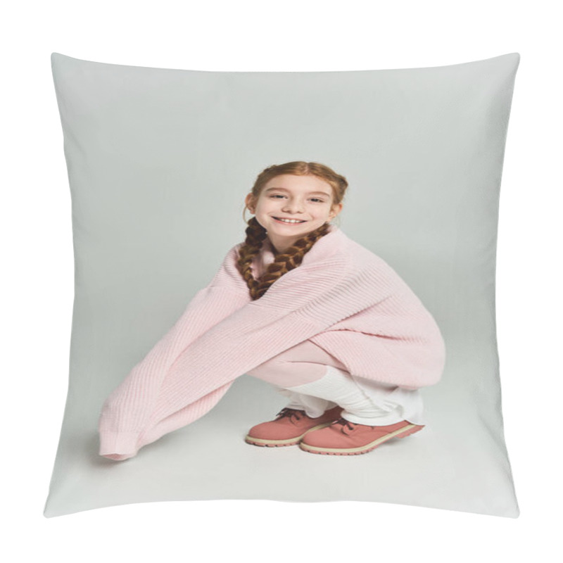 Personality  A Cheerful Girl Wraps Herself In A Cozy Pink Sweater, Radiating Winter Joy And Warmth. Pillow Covers