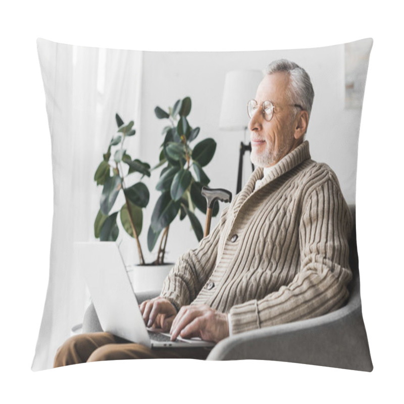 Personality  Happy Senior Man In Glasses Using Laptop At Home   Pillow Covers