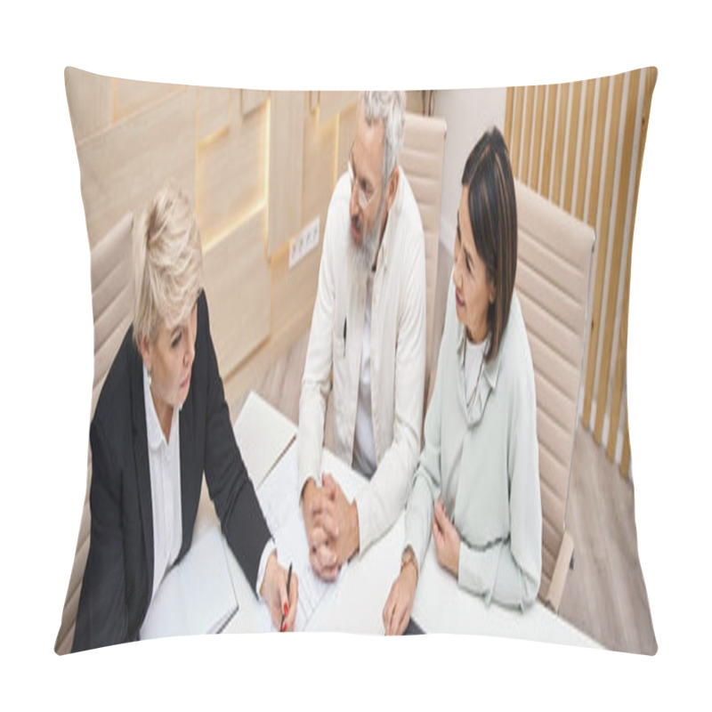 Personality  Middle Aged Female Realtor Discussing Project Of New House With Married Couple In Office, Banner Pillow Covers