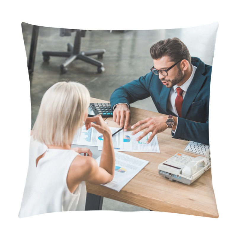 Personality  Selective Focus Of Businessman In Glasses Gesturing While Looking At Charts And Graphs Near Blonde Colleague  Pillow Covers