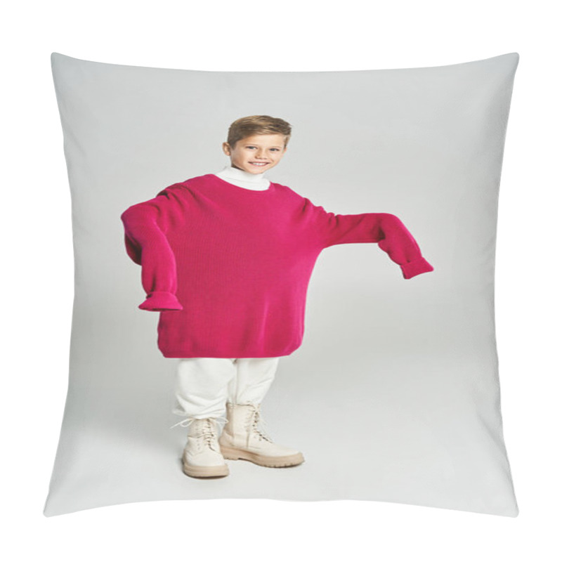 Personality  A Boy Enjoys The Winter In A Large, Warm Sweater With A Cheerful Expression. Pillow Covers