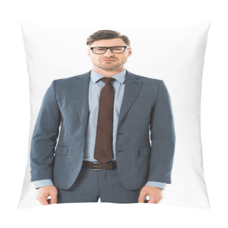 Personality  Adult Businessman With Sad Face Expression Standing Isolated On White Pillow Covers