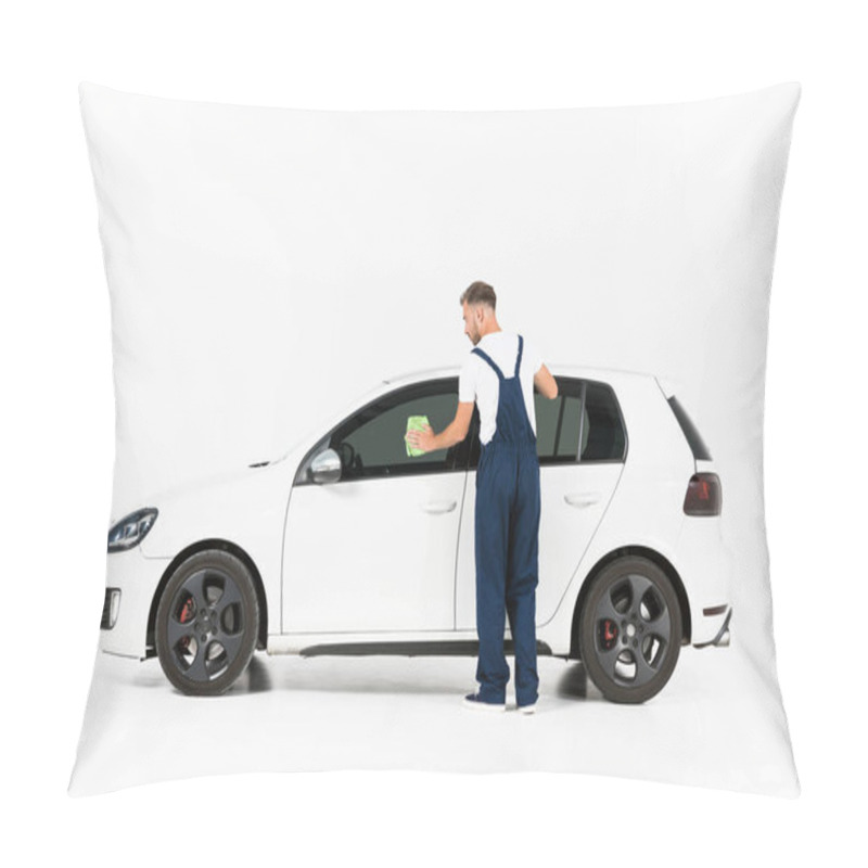 Personality  Back View Of Auto Mechanic Cleaning Car Window After Repairing On White Pillow Covers