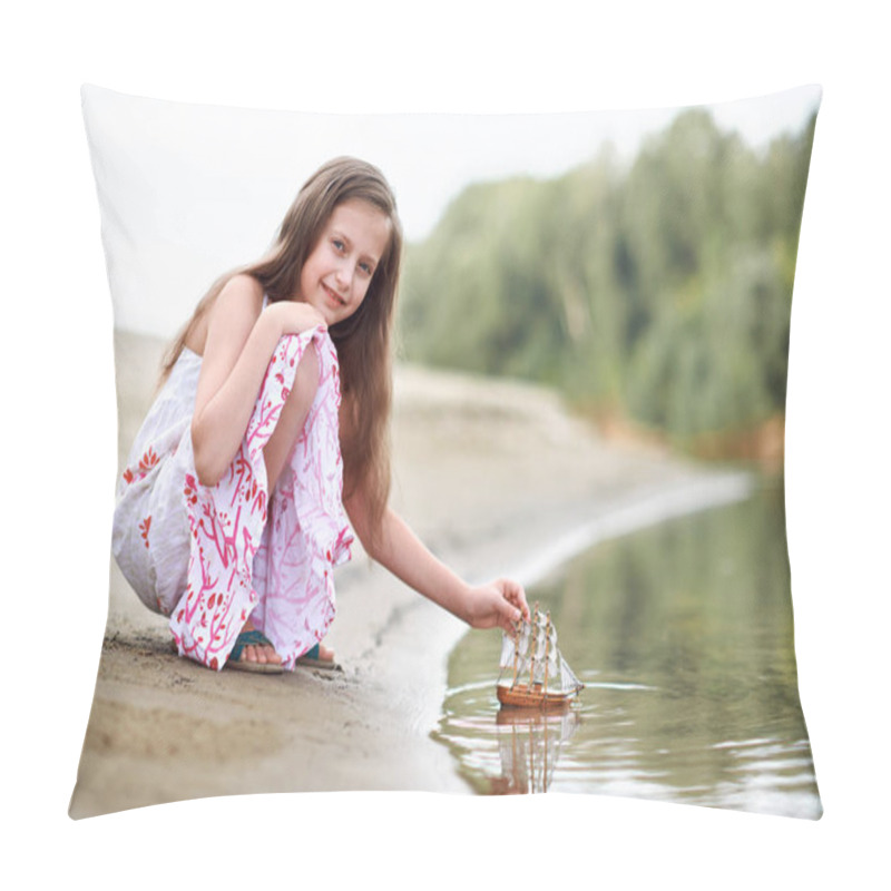 Personality  Girl Playing With A Toy Sailing Ship By The River Pillow Covers