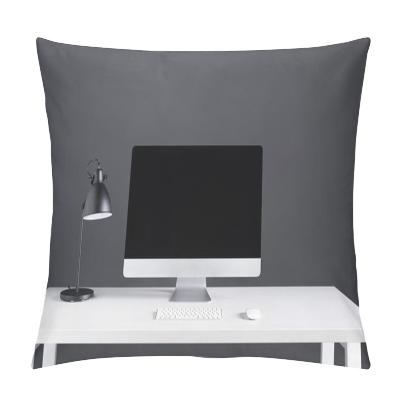 Personality  Desktop Computer With Blank Screen With Keyboard And Computer Mouse On Table  Pillow Covers