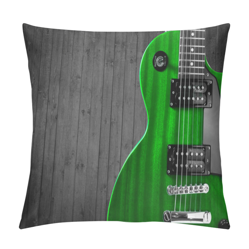 Personality  Part Of The Green Electric Guitar On Wooden Background. A Place For Writing Of The Text. Pillow Covers