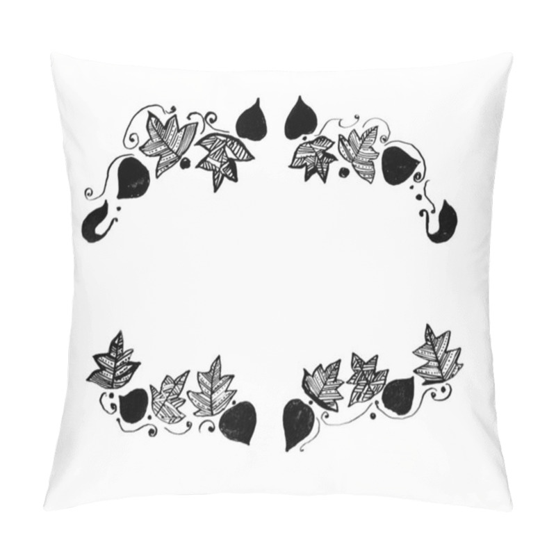 Personality  Frame, Framing Of Leaves. White Background And Copy Space. Leaves Of Different Shapes And Sizes, Filled With Decor. Lines, Dots, Ornament Or Fill. Black Color. Doodle. Dots, Swirls Around. Isolated. Pillow Covers