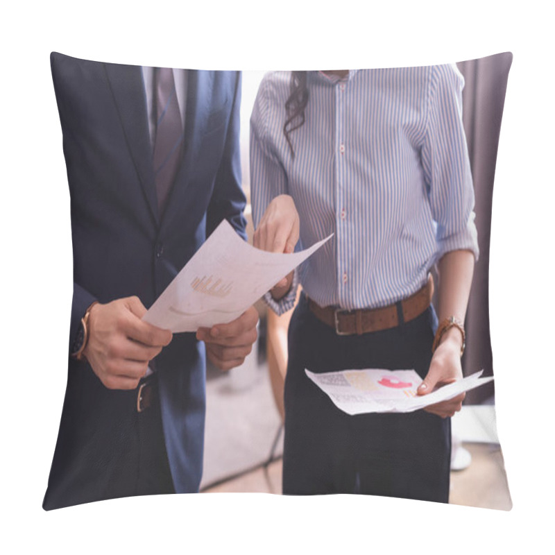 Personality  Partial View Of Business Partners Analyzing Infographics In Restaurant Pillow Covers